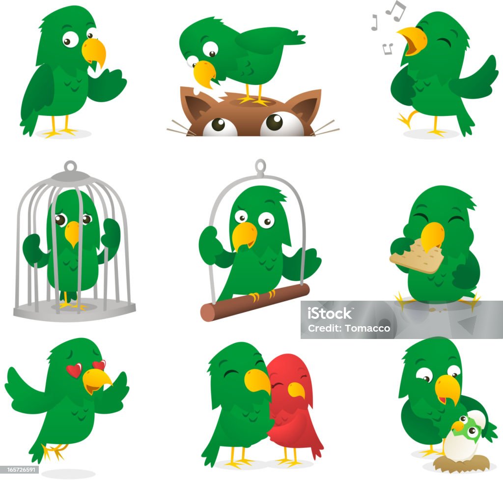 Fumetto verde pappagallo lovebird polly set collezione - arte vettoriale royalty-free di Pappagallo