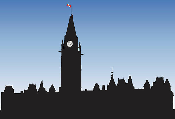 Parliament Buildings, Ottawa Canadian Parliament Buildings in Ottawa, Ontario with Peace Tower government silhouettes stock illustrations