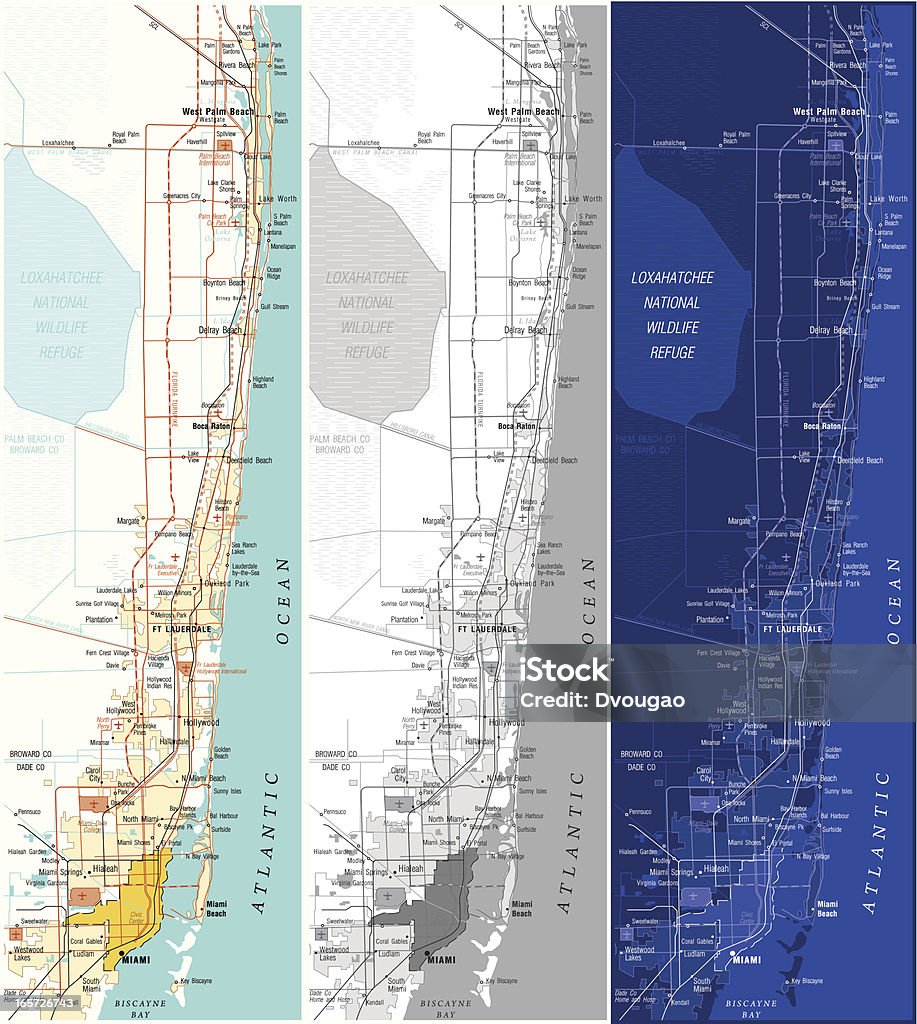 Map Of Miami High detailed vector illustration of map of Miami in color, grayscale and blueprint.  Miami stock vector