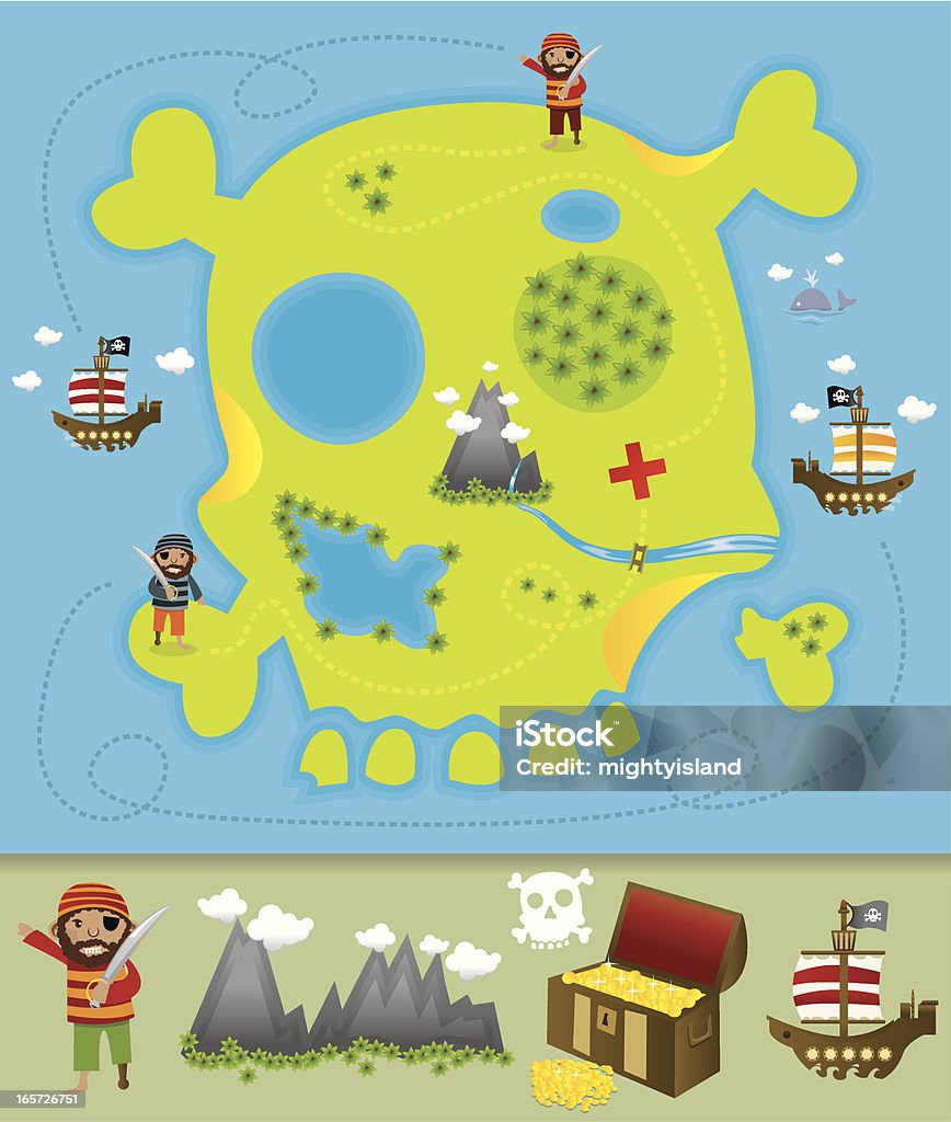 Treasure map An illustration of a skull-shaped treasure map, with pirates, pirate ships and icons. Treasure Map stock vector