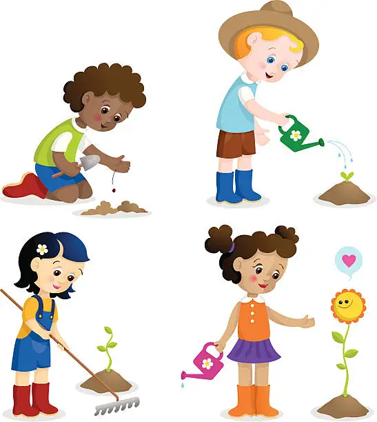 Vector illustration of Gardening fun kids