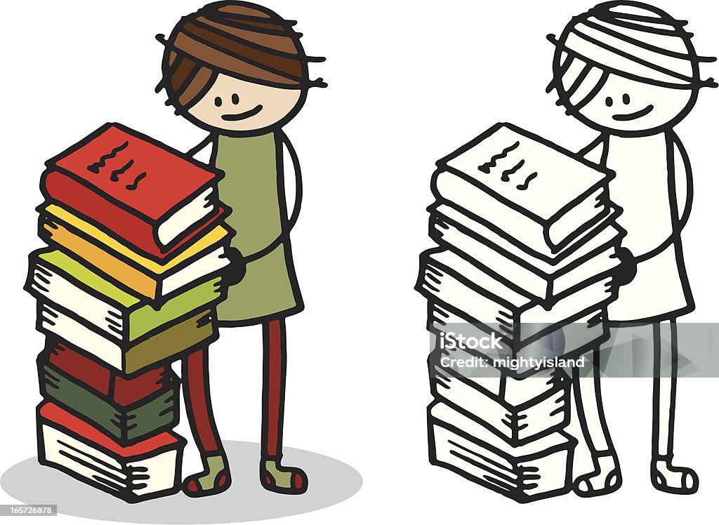 Mujer con grandes Pila de libros - arte vectorial de Adulto libre de derechos