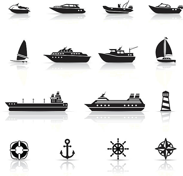 icon-set, boote und schiffe - motorbootfahren stock-grafiken, -clipart, -cartoons und -symbole