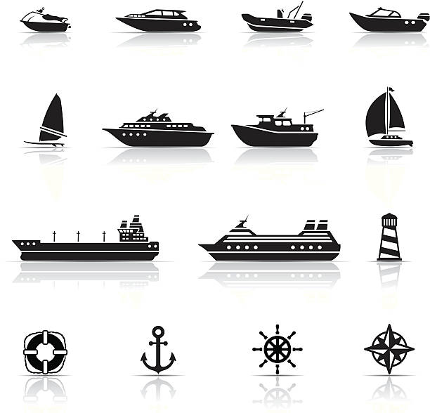 zestaw ikon łodzi i statków, - windsurfing obrazy stock illustrations