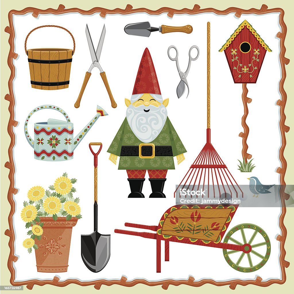 Garden Gnome and Tools A set of garden tools and friendly gnome. Gnome stock vector