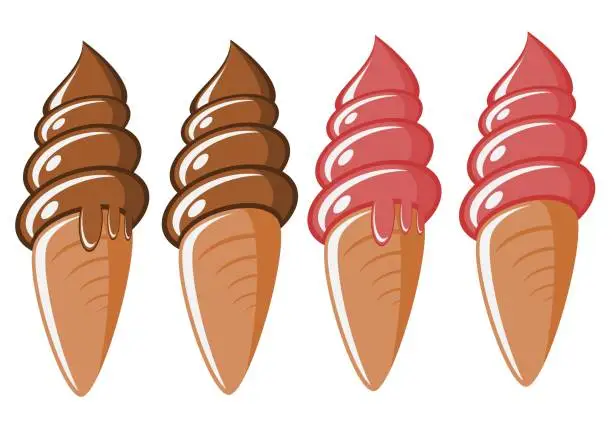 Vector illustration of Strawberry and chocolate ice cream melting in an ice cream cone