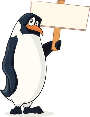Fully editable vector illustration of a cartoon penguin holding a blank sign ready for you to input text of your choice.