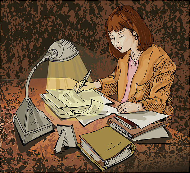 Late night paperwork "Hand drawn sketch of a young woman writing, doing homework or other paperwork late at night. She could be a writer, teacher grading papers, college graduate student working on her thesis, proof-reader, translator or office worker working late. Colors can be easily changed or textures removed on this layered vector illustration" dissertation stock illustrations