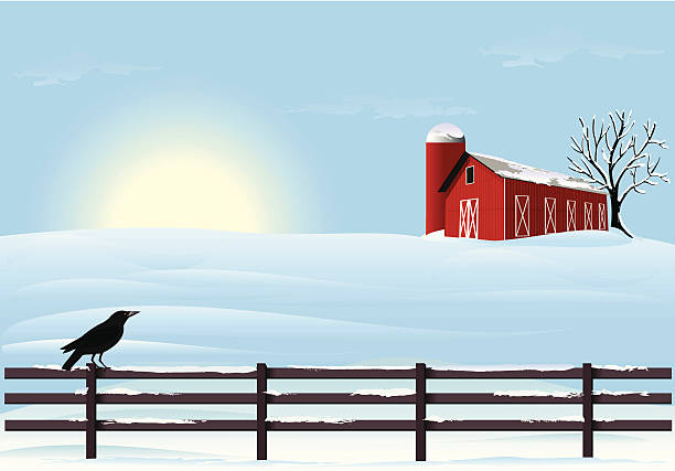 illustrations, cliparts, dessins animés et icônes de l'hiver sur la ferme - farm winter field fence