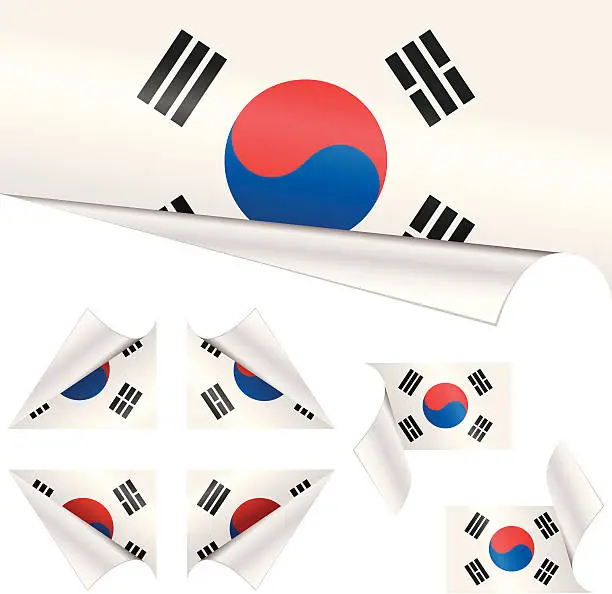 Vector illustration of South Korean Flags behind Curled Paper