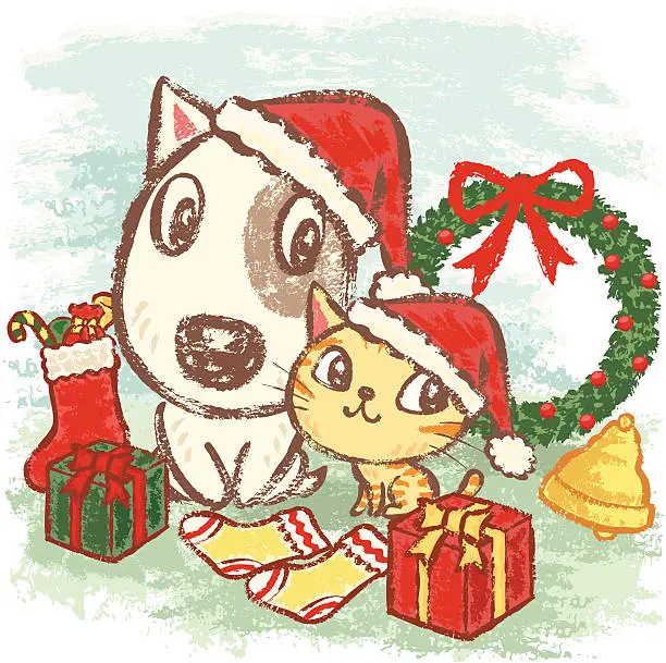 Vector illustration of Puppy and Kitten at Christmas