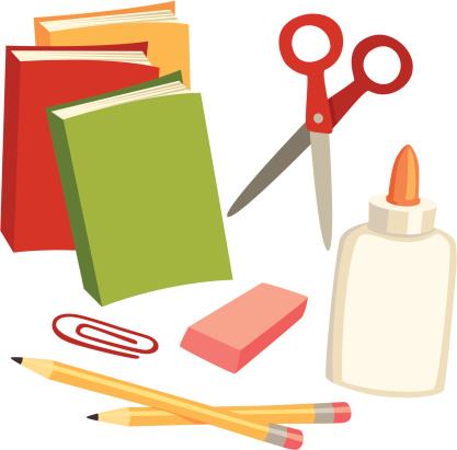 Various school supplies: glue, scissors, books, eraser, paperclip, and pencils