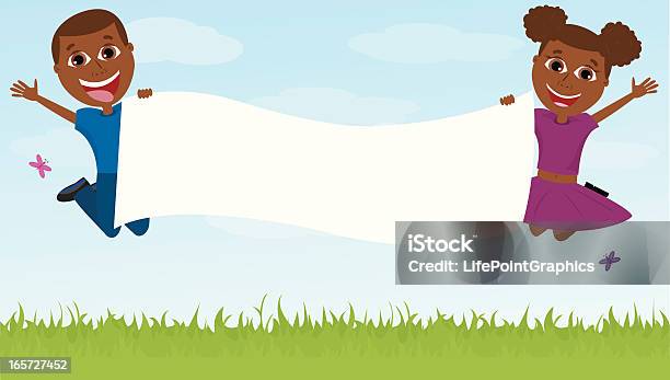 Two Happy Children Jumping While Holding Banner For Your Text Stock Illustration - Download Image Now