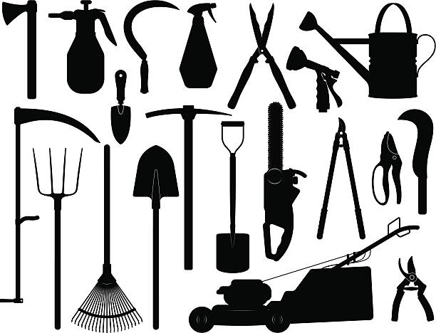 ilustraciones, imágenes clip art, dibujos animados e iconos de stock de siluetas de herramientas de jardín - gardening equipment trowel gardening fork isolated