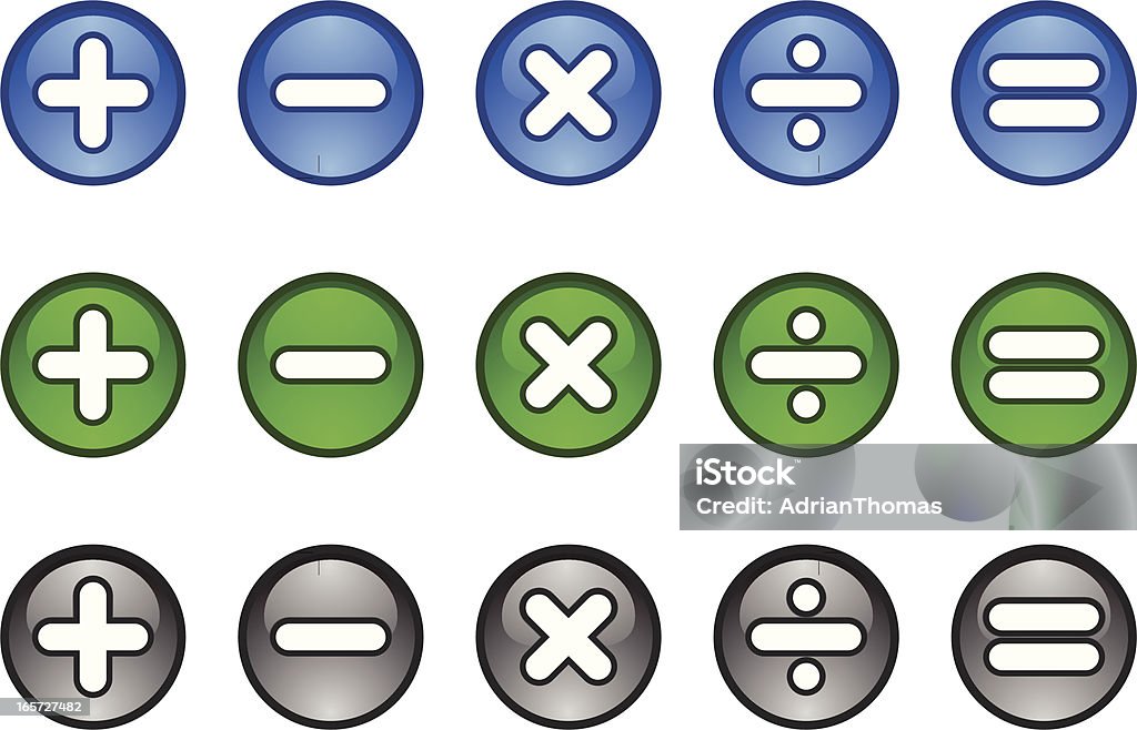Calculadora matemáticas símbolos icono botón más menos multiplique se dividen a su vez equivalen a - arte vectorial de Signo de igual libre de derechos