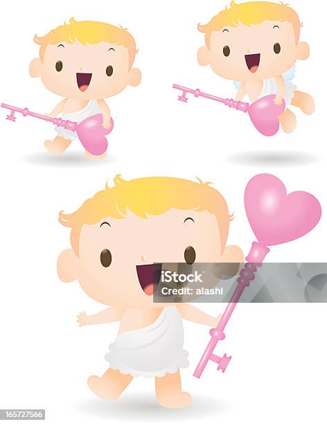 Fofo Cupido Segurando Uma Chave Do Amor Abra O Coração - Arte vetorial de stock e mais imagens de Abrir