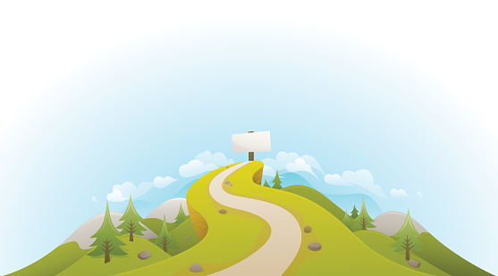 A rolling vector landscape showing a path leading up to a blank sign. Made from global swatches, smartly grouped on layers - see my portfolio for more!