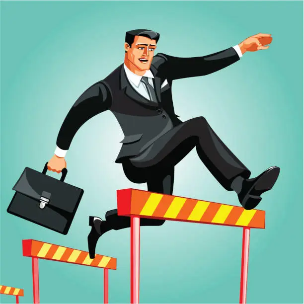 Vector illustration of businessman passing over obstacles