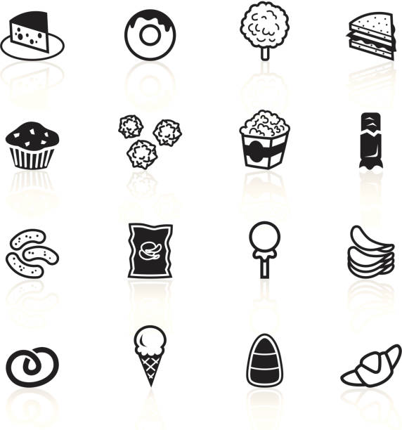 ilustrações de stock, clip art, desenhos animados e ícones de conjunto de preto e branco junk food icons - cookie chocolate chip chocolate chip cookie cartoon