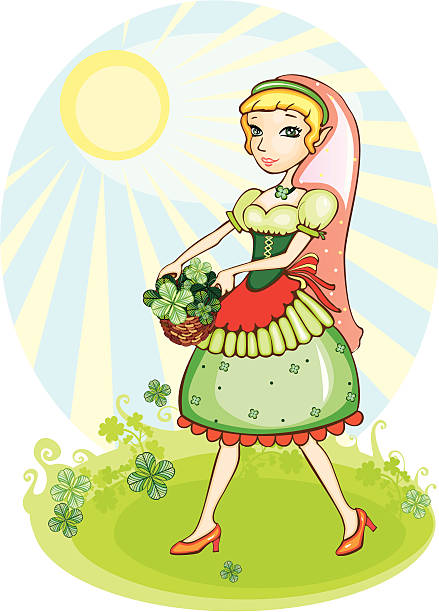 Elf with clover leaves vector art illustration