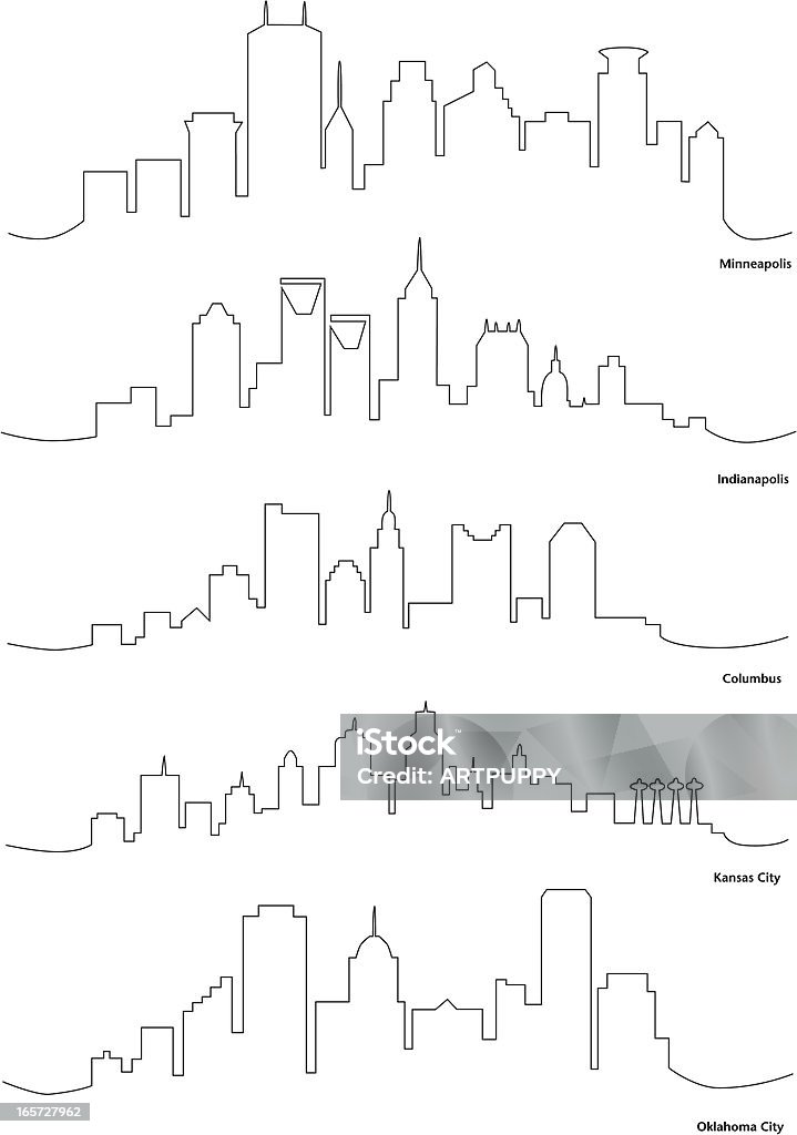 Stylized Line Drawings of American Cities Great set of stylized drawings of American Cities. Here's Minneapolis, Indianapolis, Columbus, Kansas City, and Oklahoma City. EPS and JPEG images are included. Be sure to view my other illustrations, thanks! Indianapolis stock vector