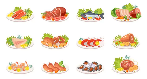 Vector illustration of Meat fish dish plate cook menu isolated set. Vector flat graphic design illustration