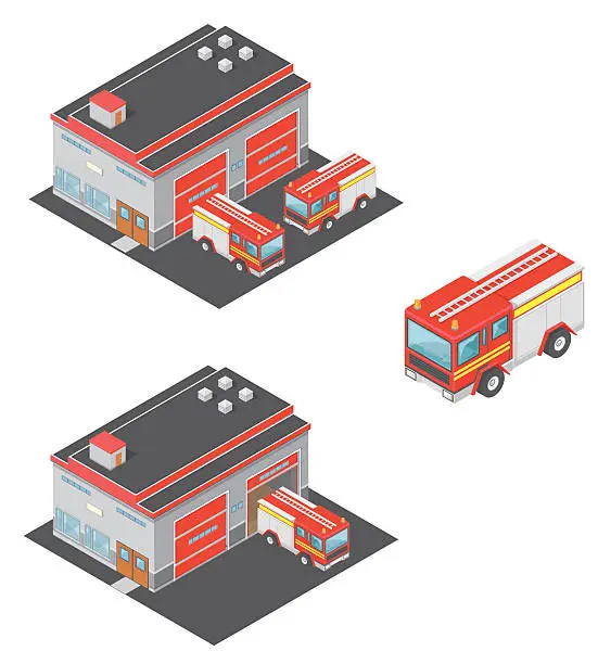 Vector illustration of Isometric Fire Station with Engine