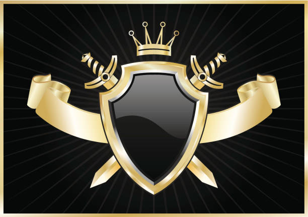 A gold shield and ribbon on black Golden shield and ribbon on the black background black family crest stock illustrations