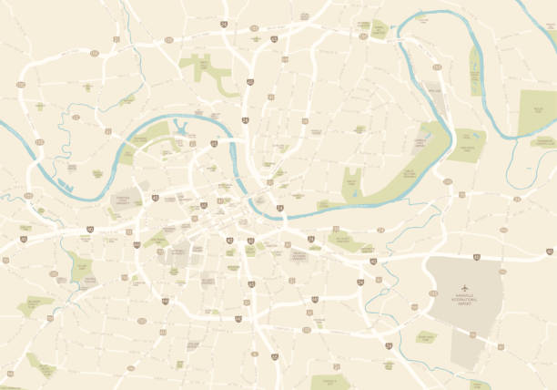 Nashville Map A map of the main part of Nashville, TN. Includes highways, freeways and the main roads, as well as parks and points of interest, all on separate layers. tennessee map stock illustrations