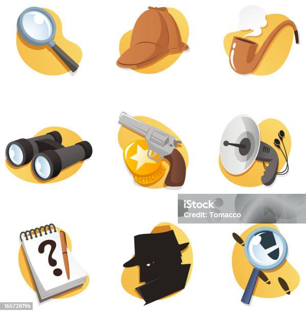 Detective Icon Set With Magnifying Glass Binoculars Gun Radar Notepad Stock Illustration - Download Image Now