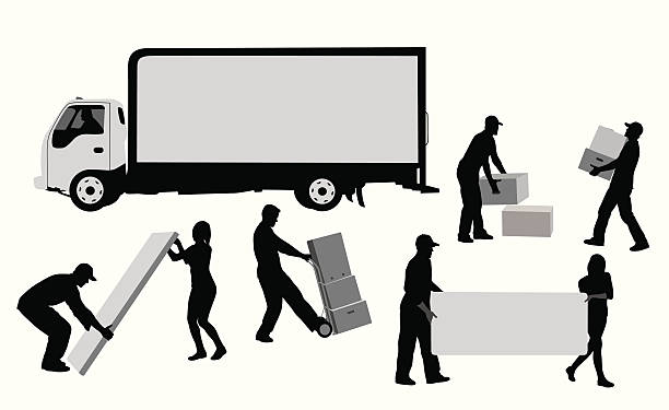 movingaway - moving van relocation motion physical activity stock illustrations