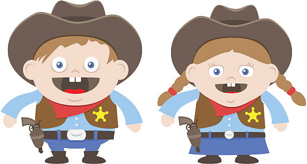 Boy and Girl Sheriff Cute boy and girl sheriff ready to draw their gun. girl with cowboy hat stock illustrations