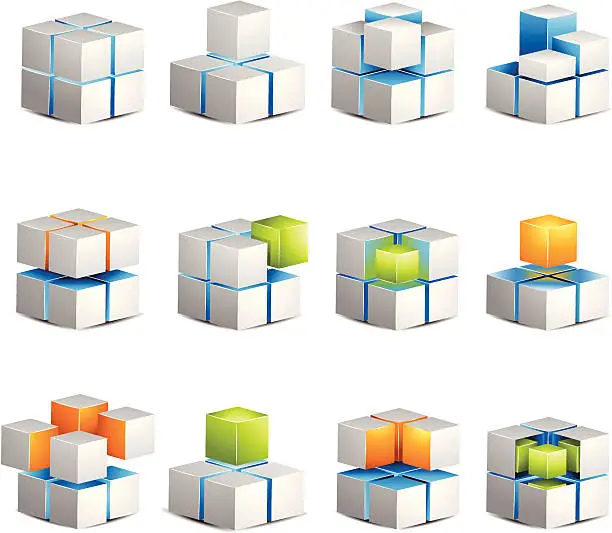 Vector illustration of Four White Cube Icons