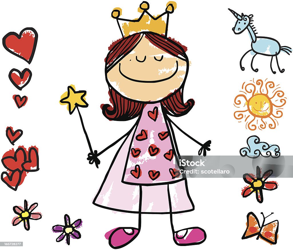 Princess Girl "girl dressed as a princess, drawn on child style, with items grouped separately for use in design, easy to change colors" Child stock vector