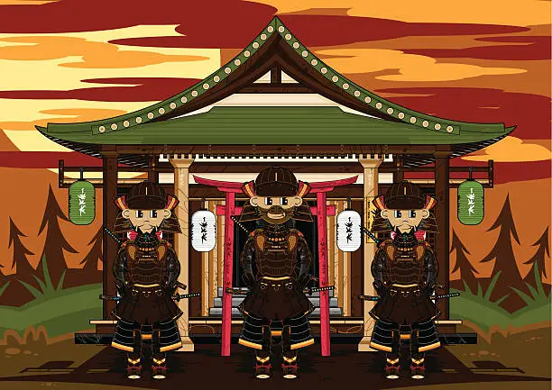 Vector illustration of Masked Samurai Warriors at Ancient Temple