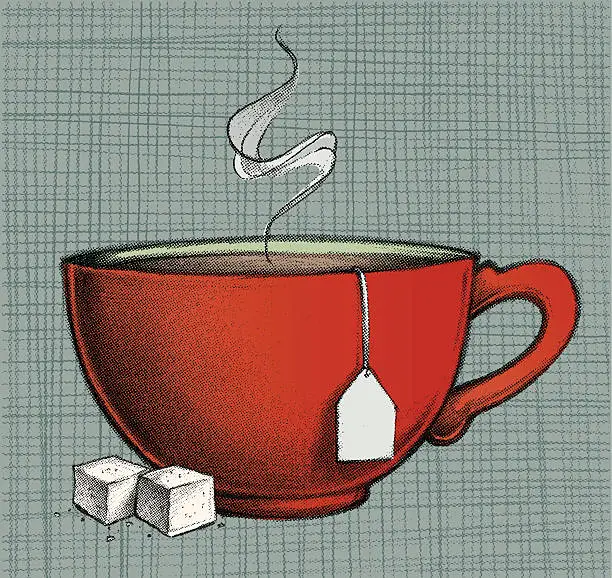 Vector illustration of Drawing of red cup of hot tea and two lumps of sugar