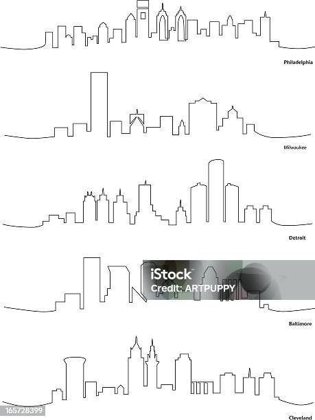 Stylisé Dessins Au Trait De Villes Américaines Vecteurs libres de droits et plus d'images vectorielles de Milwaukee - Wisconsin - Milwaukee - Wisconsin, Détroit - Michigan, Ligne continue