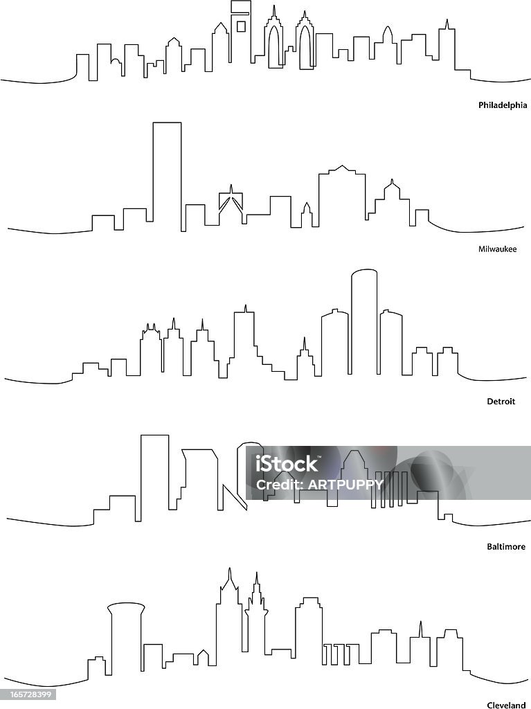 Stylizowane linii rysunki miastach Ameryki - Grafika wektorowa royalty-free (Milwaukee - Stan Wisconsin)