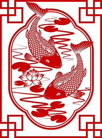 Chinese style paper-cut double fish art with frame