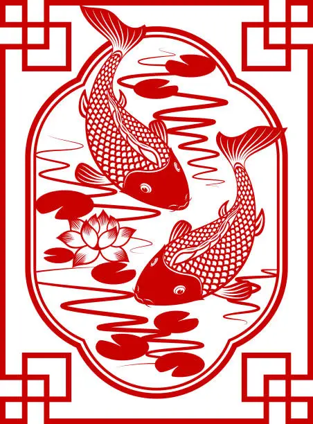 Vector illustration of Double Fish Chinese Paper-cut Art Frame