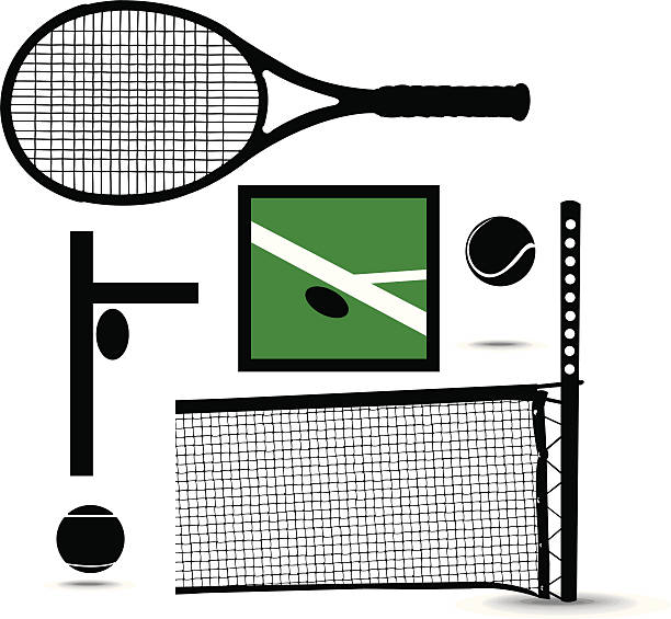 ilustraciones, imágenes clip art, dibujos animados e iconos de stock de deporte de equipo de tenis y raqueta, bola y llamada en línea net - silhouette tennis competitive sport traditional sport