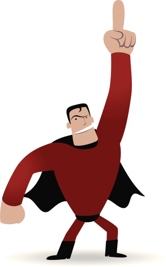 Vector illustration - superhero points upward by his index finger.
