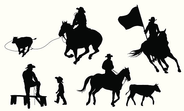 ilustraciones, imágenes clip art, dibujos animados e iconos de stock de rrrrodeo - rodeo cowboy horse silhouette