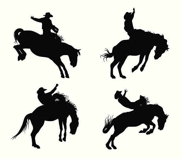 ilustraciones, imágenes clip art, dibujos animados e iconos de stock de ridemcowboy - rodeo cowboy horse silhouette
