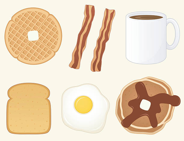 Cartoon waffle, bacon, coffee, toast, egg and pancake  Vector illustration of six breakfast food and drink items: a waffle, bacon, a mug of coffee, toast (bread), an egg, and pancakes with syrup.  Each item is on its own layer, easily separated from the other items and from the background. Illustration uses both linear and radial gradients.  Both CS .ai and AI8-comatible .eps formats are included, along with a high-res .jpg. waffle vector stock illustrations