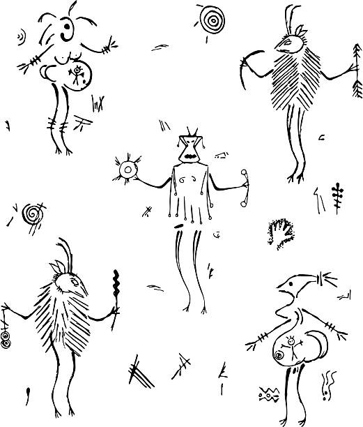 illustrazioni stock, clip art, cartoni animati e icone di tendenza di grotta preistorica dipinto stregone e donne - african descent cave painting african culture men