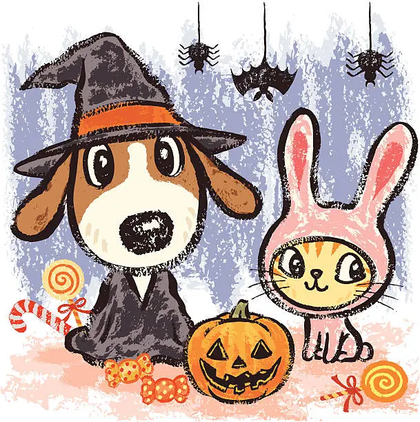 Vector illustration of Dog and cat at Halloween