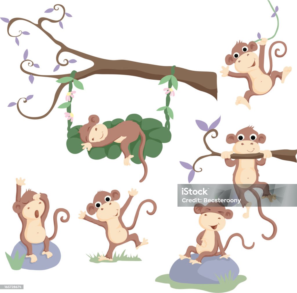 Set of cute vector Monkey illustrations Set of 6 fun isolated little vector baby monkey illustrations which includes monkey dancing, climbing, yawning, swinging, sleeping etc. Animal stock vector