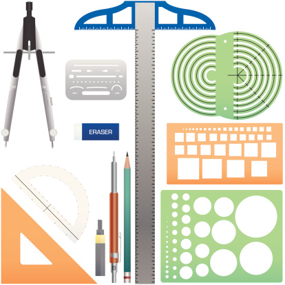 Vector drafting tools including t-square, protractor, mechanical pencil, leads, triangle, erasing shield, eraser, compass, and templates.