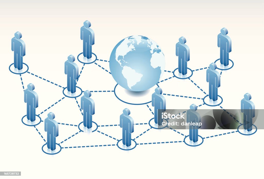 Global Network Men standing within a global netwrok. Created in isometric.  Blue stock vector